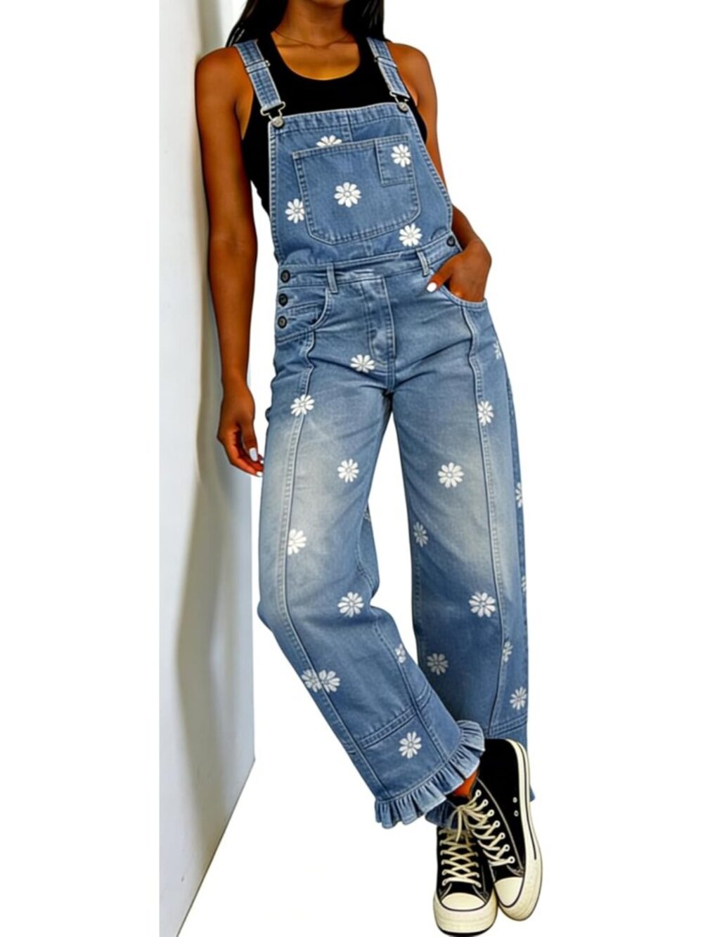 Women's Blue Floral Denim Overalls Baggy Patchwork Barrel Jeans Jumpsuit Floral - Picture 2 of 7